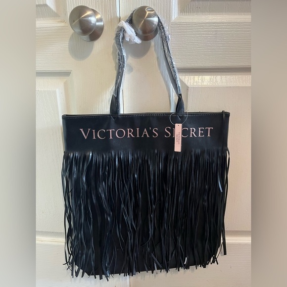 Victoria's Secret Handbags - 💕 Victoria’s Secret NEW fringe bag 16” wide black leather tote